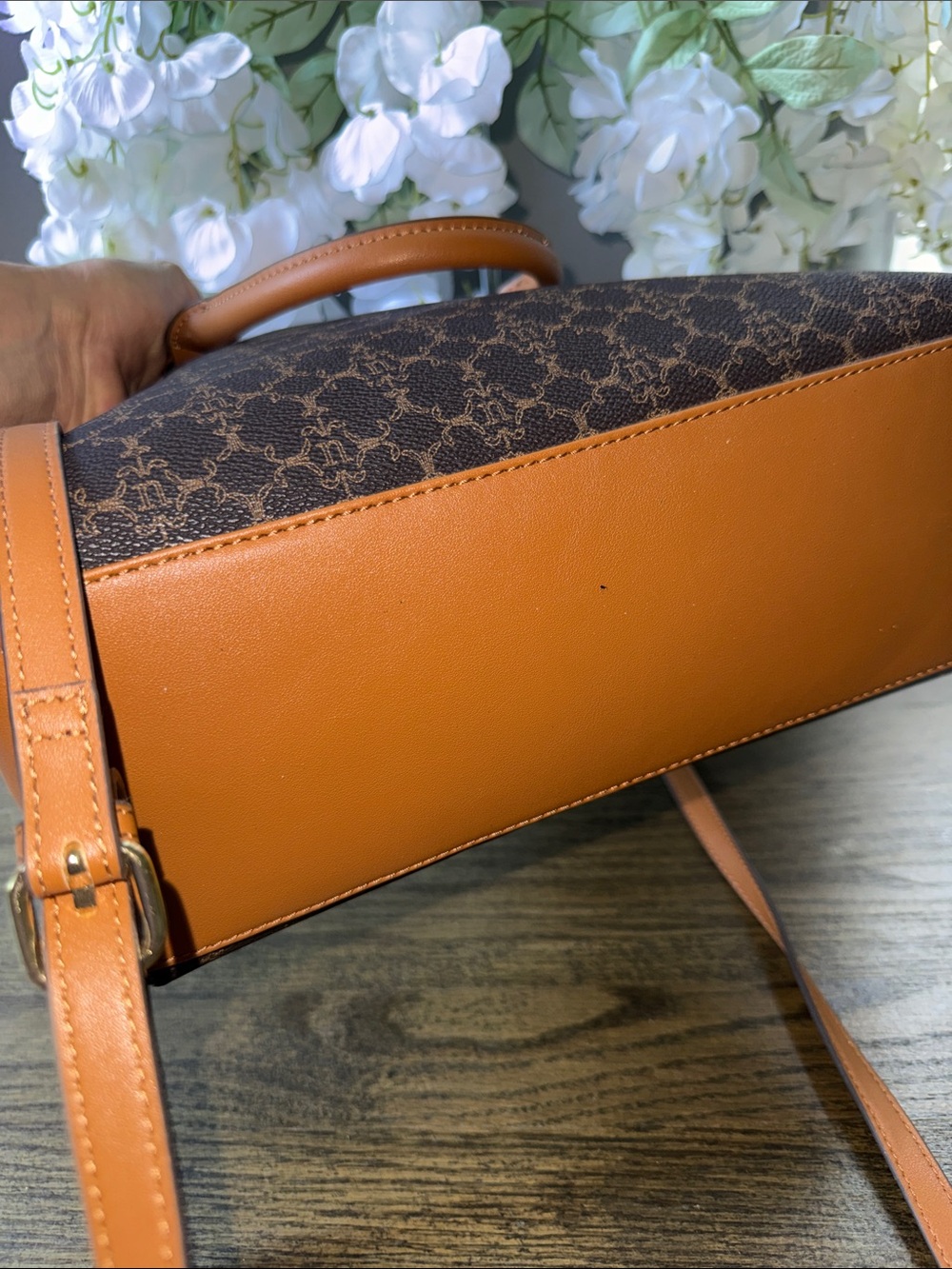 Brown Patterned Satchel with Tan Trim - Designer-Inspired Carryall - Picture 6 of 13